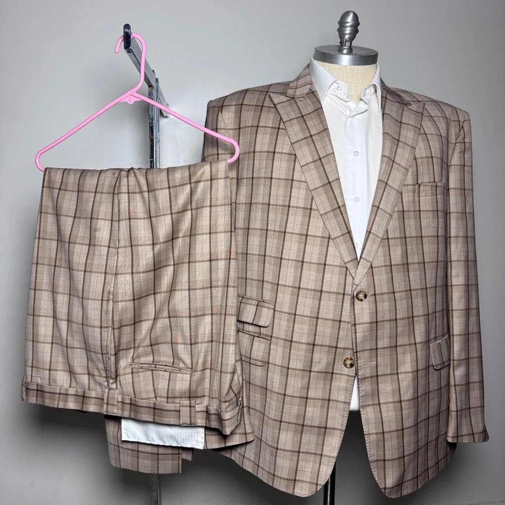 Custom Tailor Suit Mens 52XL 52L 46x34 Tan Plaid Windowpane‎ Two Button Double
